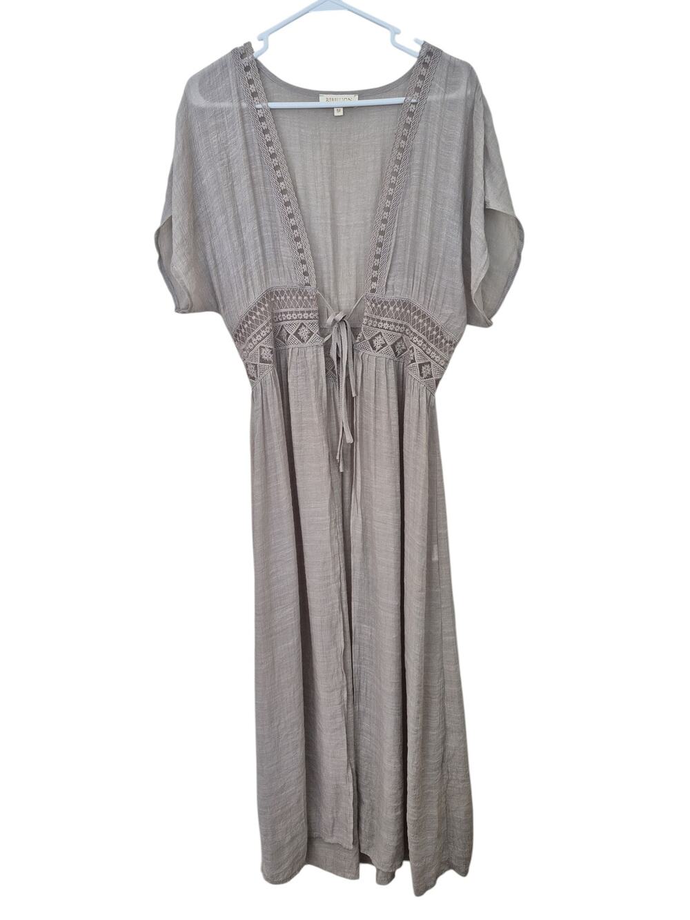 Rebellion Again Kimono Duster Sz Med Sheer Maxi Lace Trim Boho Festival Layering